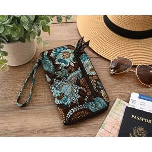 Vera Bradley Java Blue Travel Organizer Wallet Passport Brown Teal Zip Retired